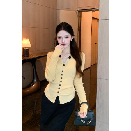 FA56251# 春秋季新款韩系黄色针织开衫女华夫格V领收腰显瘦气质内搭上衣 服裝批發女裝批發服飾貨源
