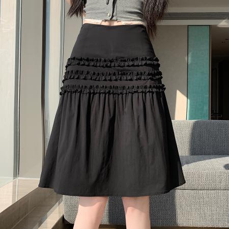 FA56254# 春夏新款设计花边褶皱半身裙小众木耳边显瘦白色百搭中裙 服裝批發女裝批發服飾貨源