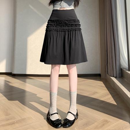 FA56254# 春夏新款设计花边褶皱半身裙小众木耳边显瘦白色百搭中裙 服裝批發女裝批發服飾貨源