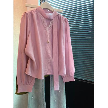 FA56256# 上法式气质蕾丝拼接飘带衬衫女春秋粉色V领长袖衬衣小众上衣 服裝批發女裝批發服飾貨源