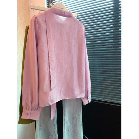 FA56256# 上法式气质蕾丝拼接飘带衬衫女春秋粉色V领长袖衬衣小众上衣 服裝批發女裝批發服飾貨源