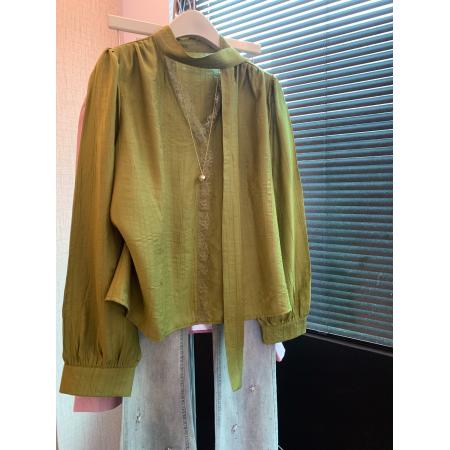 FA56256# 上法式气质蕾丝拼接飘带衬衫女春秋粉色V领长袖衬衣小众上衣 服裝批發女裝批發服飾貨源