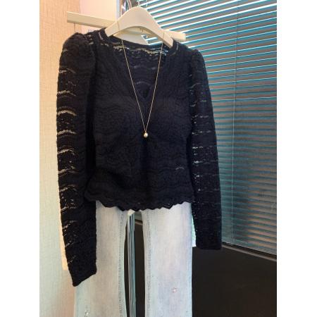 FA56257# 上法式v领蕾丝打底衫女春秋内搭镂空钩花小衫纯欲带胸垫上衣 服裝批發女裝批發服飾貨源