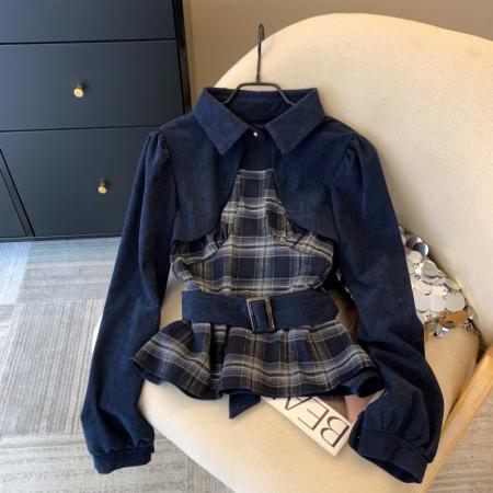 FA56258# 上美式复古蓝色格子拼接衬衫女春季设计感小众收腰长袖上衣 服裝批發女裝批發服飾貨源