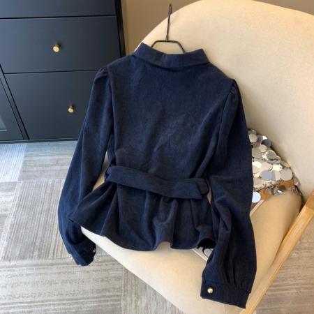 FA56258# 上美式复古蓝色格子拼接衬衫女春季设计感小众收腰长袖上衣 服裝批發女裝批發服飾貨源