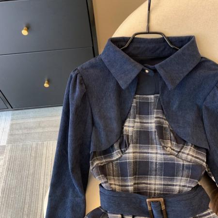 FA56258# 上美式复古蓝色格子拼接衬衫女春季设计感小众收腰长袖上衣 服裝批發女裝批發服飾貨源