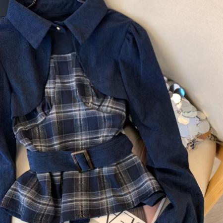 FA56258# 上美式复古蓝色格子拼接衬衫女春季设计感小众收腰长袖上衣 服裝批發女裝批發服飾貨源