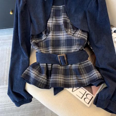 FA56258# 上美式复古蓝色格子拼接衬衫女春季设计感小众收腰长袖上衣 服裝批發女裝批發服飾貨源