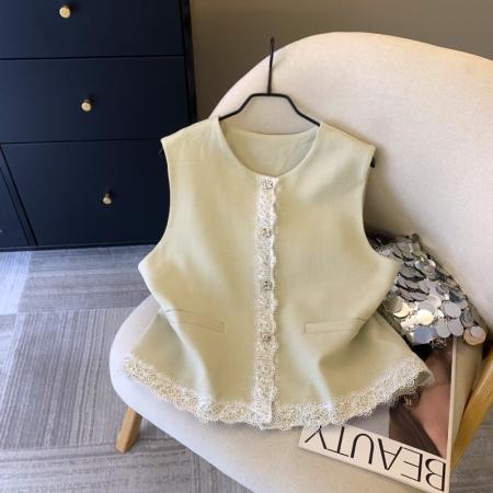 FA56259# 上高级蕾丝花边拼接西装马甲春季时尚叠穿上衣显瘦外套 服裝批發女裝批發服飾貨源