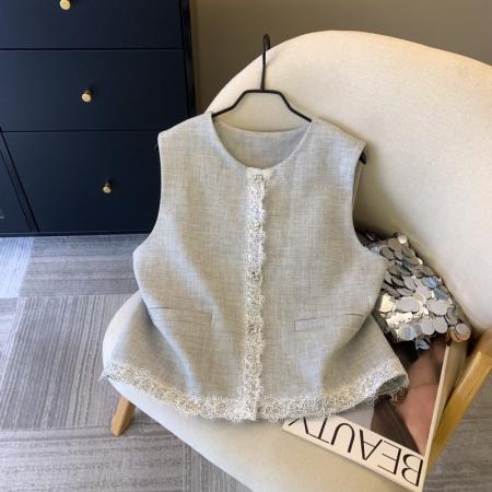 FA56259# 上高级蕾丝花边拼接西装马甲春季时尚叠穿上衣显瘦外套 服裝批發女裝批發服飾貨源