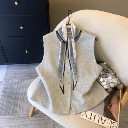 FA56260# 上高级配丝巾西装马甲外套女春季时尚洋气别致无袖上衣 服裝批發女裝批發服飾貨源