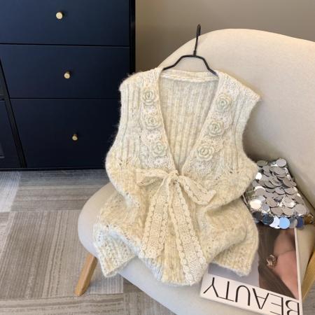 FA56262# 上法式温柔立体花朵v领针织马甲背心女秋冬洋气气质显瘦毛衣 服裝批發女裝批發服飾貨源