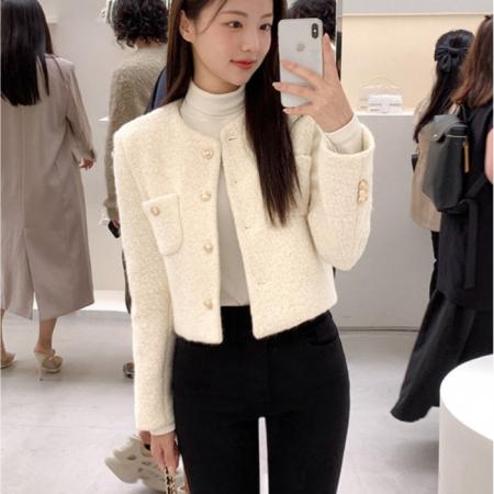 FA56266# 韩国春季女装圆领长袖小香风毛呢短外套女百搭上衣西服 服裝批發女裝批發服飾貨源