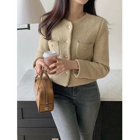 FA56266# 韩国春季女装圆领长袖小香风毛呢短外套女百搭上衣西服 服裝批發女裝批發服飾貨源