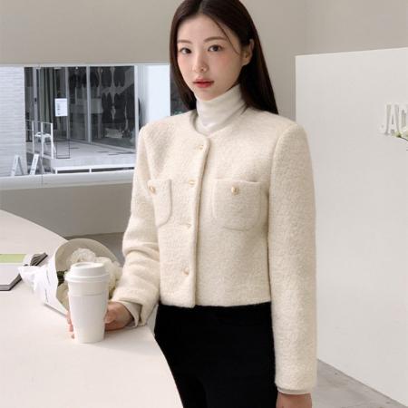 FA56266# 韩国春季女装圆领长袖小香风毛呢短外套女百搭上衣西服 服裝批發女裝批發服飾貨源