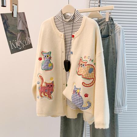 FA56268# 韩系小猫刺绣毛衣外套女秋冬新款大码胖mm宽松慵懒风加厚针织开衫 服裝批發女裝批發服飾貨源
