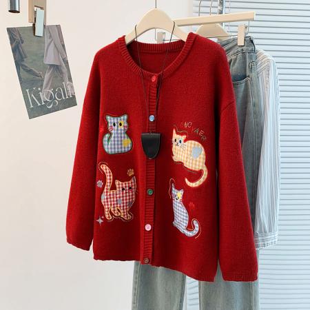 FA56268# 韩系小猫刺绣毛衣外套女秋冬新款大码胖mm宽松慵懒风加厚针织开衫 服裝批發女裝批發服飾貨源