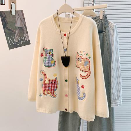 FA56268# 韩系小猫刺绣毛衣外套女秋冬新款大码胖mm宽松慵懒风加厚针织开衫 服裝批發女裝批發服飾貨源