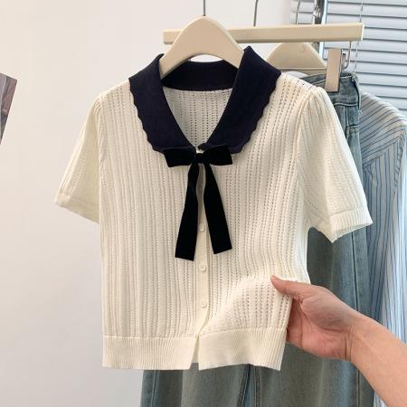 FA56270# 大码女装胖mm夏季新款针织镂空娃娃领显瘦遮肚子短袖T恤上衣 服裝批發女裝批發服飾貨源