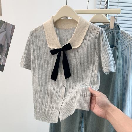 FA56270# 大码女装胖mm夏季新款针织镂空娃娃领显瘦遮肚子短袖T恤上衣 服裝批發女裝批發服飾貨源