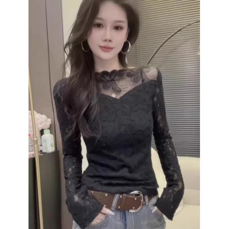 FA56274# 韩系圆领网纱喇叭袖蕾丝衫女冬季新款修身显瘦上衣 服裝批發女裝批發服飾貨源