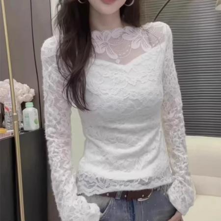 FA56274# 韩系圆领网纱喇叭袖蕾丝衫女冬季新款修身显瘦上衣 服裝批發女裝批發服飾貨源