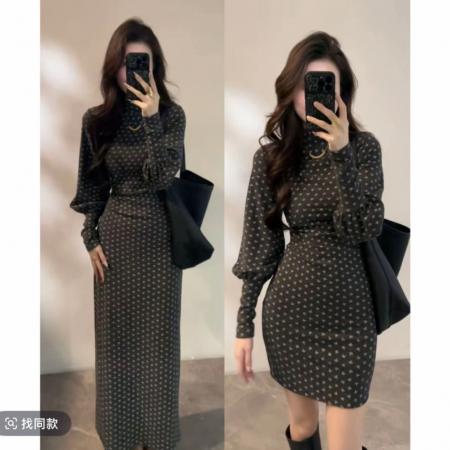 FA56278# 大婷婷显瘦法式秋冬半高领收腰长袖裙子灯笼袖气质连衣裙DT1870 服裝批發女裝批發服飾貨源