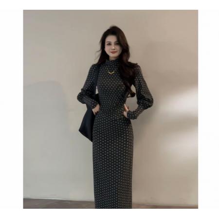 FA56278# 大婷婷显瘦法式秋冬半高领收腰长袖裙子灯笼袖气质连衣裙DT1870 服裝批發女裝批發服飾貨源