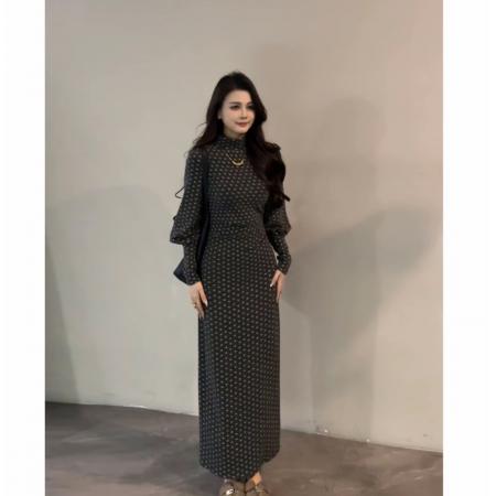 FA56278# 大婷婷显瘦法式秋冬半高领收腰长袖裙子灯笼袖气质连衣裙DT1870 服裝批發女裝批發服飾貨源