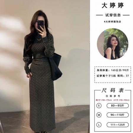 FA56278# 大婷婷显瘦法式秋冬半高领收腰长袖裙子灯笼袖气质连衣裙DT1870 服裝批發女裝批發服飾貨源