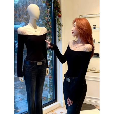 FA56279# 纯欲风气质重工烫钻露肩打底衫女秋冬黑色一字肩上衣修身显瘦T恤 服裝批發女裝批發服飾貨源