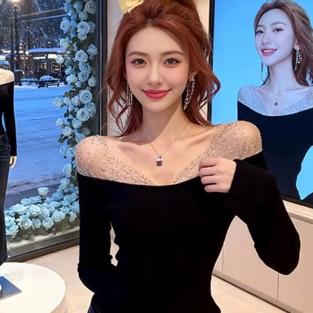 FA56279# 纯欲风气质重工烫钻露肩打底衫女秋冬黑色一字肩上衣修身显瘦T恤 服裝批發女裝批發服飾貨源