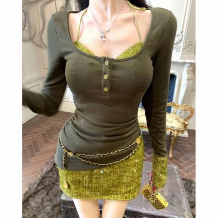 FA56280# 假日穿搭假两件珠片拼针织连衣裙 服裝批發女裝批發服飾貨源