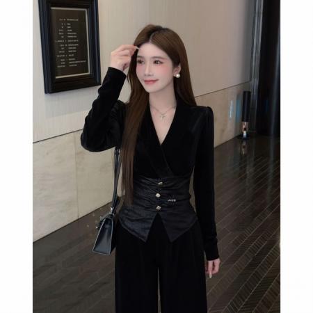 FA56281# 奢宠主角雾中芭蕾V领丝绒拼接纽扣显瘦上衣直筒加绒裤套装 服裝批發女裝批發服飾貨源
