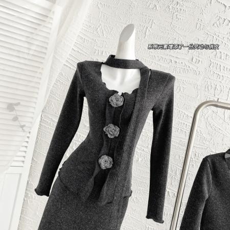 FA56283# 木木家设计感立体花朵飘带上衣+松紧高腰显瘦半身裙 服裝批發女裝批發服飾貨源