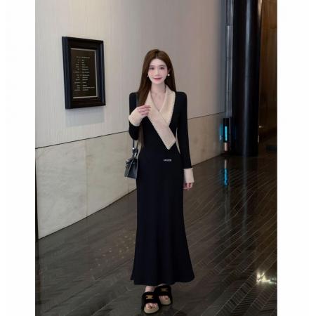 FA56285# 全能女主甜心月神冬季加绒气质V领珍珠拼接收腰显瘦连衣裙 服裝批發女裝批發服飾貨源