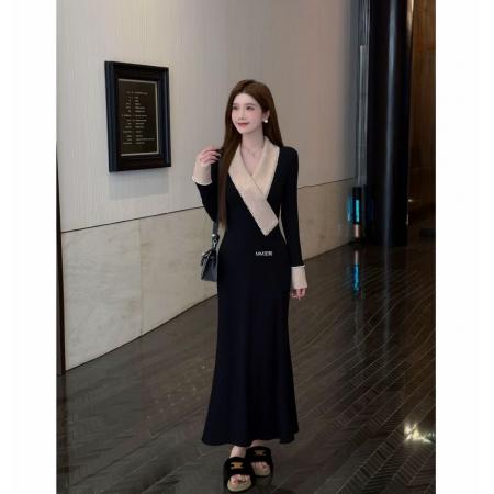 FA56285# 全能女主甜心月神冬季加绒气质V领珍珠拼接收腰显瘦连衣裙 服裝批發女裝批發服飾貨源