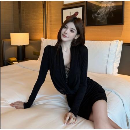 FA56286# 千金派对垂坠荡领直角肩收腰捏褶胸前蕾丝包臀气质连衣裙 服裝批發女裝批發服飾貨源