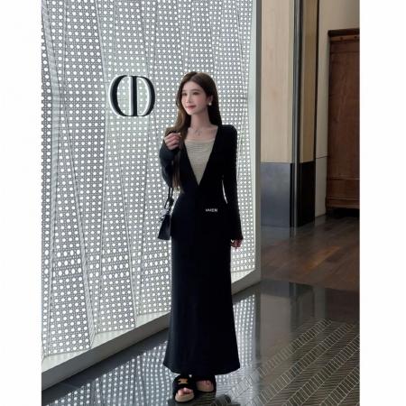 FA56288# 人生限定月夜巴黎设计感深V领重工珠链拼接打褶显瘦连衣裙 服裝批發女裝批發服飾貨源