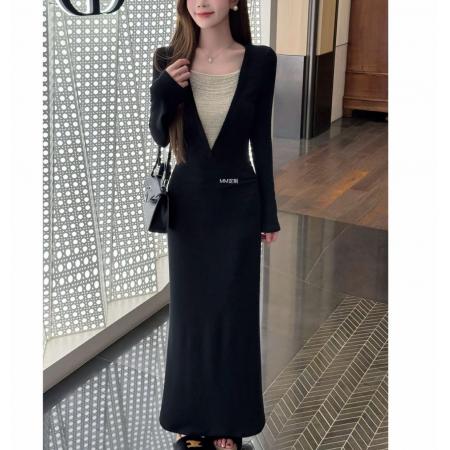 FA56288# 人生限定月夜巴黎设计感深V领重工珠链拼接打褶显瘦连衣裙 服裝批發女裝批發服飾貨源