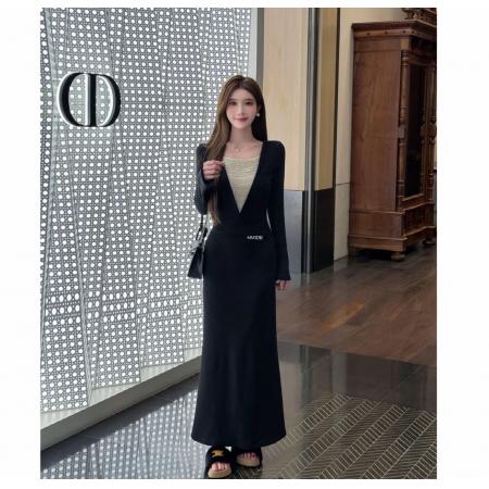 FA56288# 人生限定月夜巴黎设计感深V领重工珠链拼接打褶显瘦连衣裙 服裝批發女裝批發服飾貨源