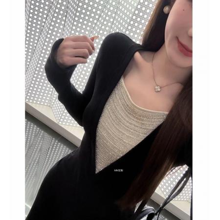 FA56288# 人生限定月夜巴黎设计感深V领重工珠链拼接打褶显瘦连衣裙 服裝批發女裝批發服飾貨源