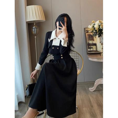 FA56290# 小香风两件套装女秋冬装新款复古赫本风高级感气质显瘦黑色连衣裙 服裝批發女裝批發服飾貨源