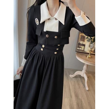 FA56290# 小香风两件套装女秋冬装新款复古赫本风高级感气质显瘦黑色连衣裙 服裝批發女裝批發服飾貨源