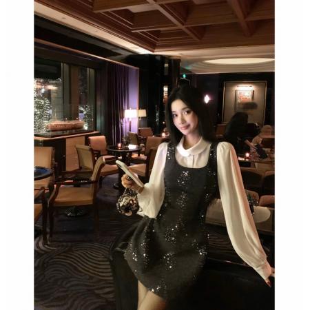 FA56291# 柔白黑韵50羊毛珠片绣花小香连衣裙 服裝批發女裝批發服飾貨源