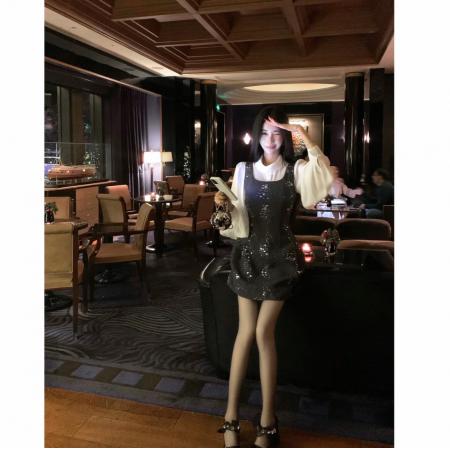 FA56291# 柔白黑韵50羊毛珠片绣花小香连衣裙 服裝批發女裝批發服飾貨源