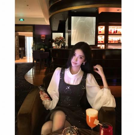 FA56291# 柔白黑韵50羊毛珠片绣花小香连衣裙 服裝批發女裝批發服飾貨源