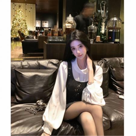 FA56291# 柔白黑韵50羊毛珠片绣花小香连衣裙 服裝批發女裝批發服飾貨源