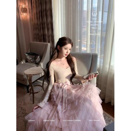 FA56292# 猫年粉荔漫舞复古法式蕾丝蓬松蛋糕裙摆连衣裙加绒 服裝批發女裝批發服飾貨源