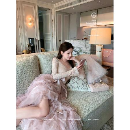 FA56292# 猫年粉荔漫舞复古法式蕾丝蓬松蛋糕裙摆连衣裙加绒 服裝批發女裝批發服飾貨源